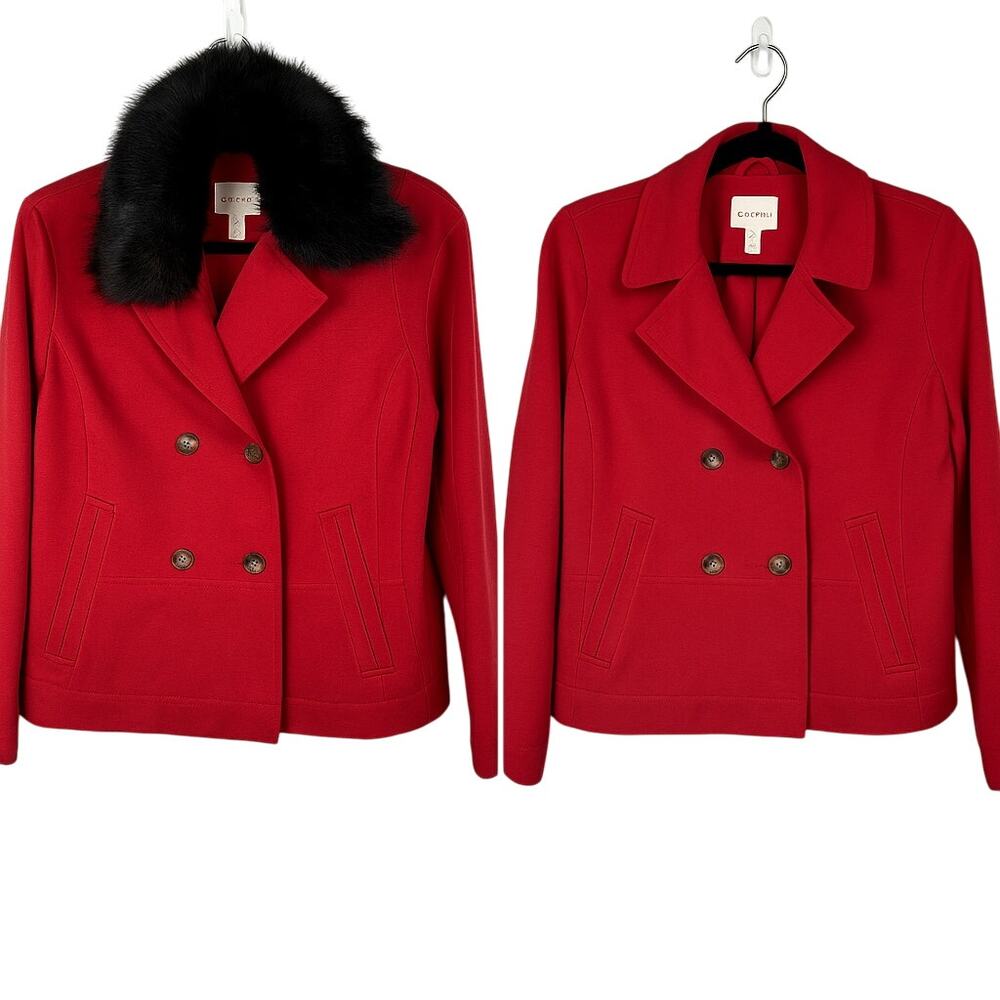 Chico’s Red Peacoat Jacket Sz 0 Faux Fur Collar Detachable Classic Holiday Look